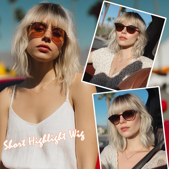Short Ombre Blonde Bob Wigs for Women Wavy Blonde Wig with Bangs Ash Blond Wig Synthetic Hair Water Wave Medium Length Colorful Wigs（14 Inches）