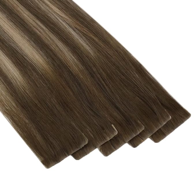 Full Shine Virgin Injection Tape in Hair Extensions Color 4 Brown Fading to 27 Blonde And 4 Injected Tape in Hair Extensins Machine Remy Seamless Tape in Extensions 18 Inch 12.5 Gram 5Pcs
