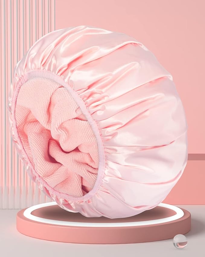 Aquior Shower Cap,Triple Layer Shower Cap for Women, Reusable Waterproof Bath Cap,Silky Satin Outer Layer Terry Lining, Extra Large for Women Long Hair(Pink)