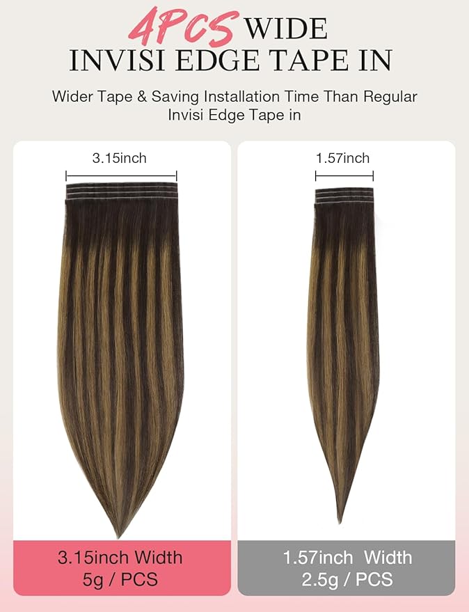DOORES Invisi Edge Tape in Wide Hair Extensions Human Hair, Dark Brown to Chestnut Brown 4PCS Injection Tape ins 20g 14 Inch, Virgin Human 3 Inch Wide Injected Extensions Invisible