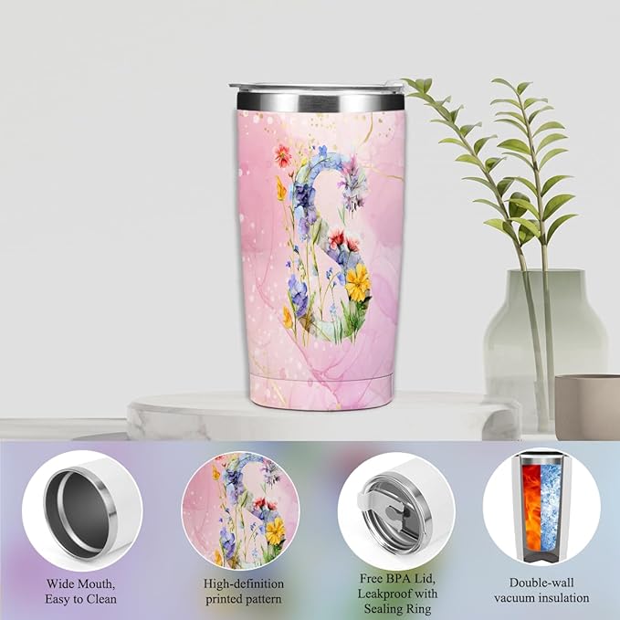 Personalized Gifts for Women Monogrammed Birthday Gifts for Women, Wife Girlfriend Christmas, Initial 20 oz Tumbler, Makeup Cosmetic Bag Cup Pens Journal Notebook 6 Set, (Aesthetic Pink Flower S)