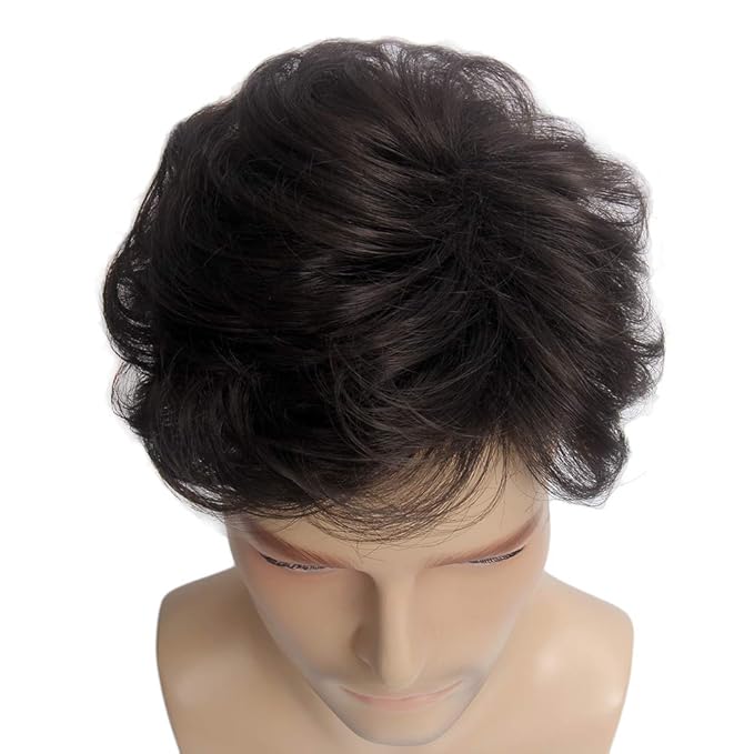 H&Bwig toupee for men,Men Short Toppers Hairpiece with toupee tape,Clips in Hair Extensions for Covering White Loss Hair, Glueless (Dark Brown)