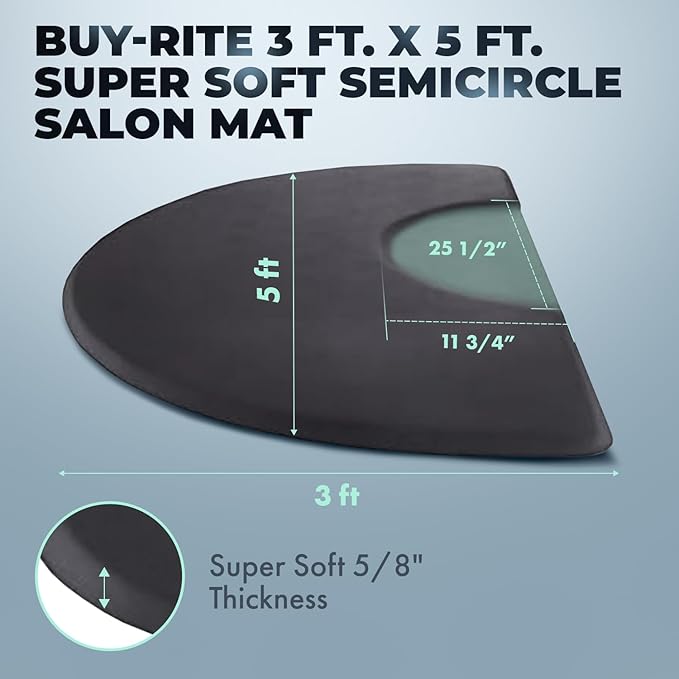 Buy-Rite Super Soft Salon Mat - 3' x 5' Semicircle Anti-Fatigue Mat, 5/8" Thick, Puncture-Proof, Low-Static, Anti-Stain Surface - Black Salon Floor Mat, SHP-SS3050C5/8