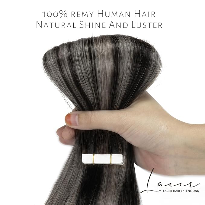 Lacer Grey Tape in Hair Extensions 18 Inch Natural Black to Silver Highlights Tape in Extensions with Natural Black Roots Color 20pcs/50g