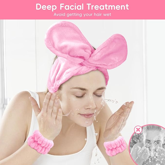 Hair Band for Washing Face, Adjustable Skincare Spa Headband and Wristband Set for Women Girl, Makeup Hair Headbands Cute Pink Versatile Fun Gift for Friend