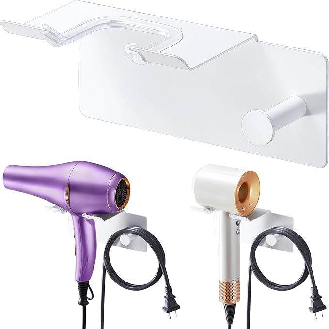 Hair Dryer Holder Wall Mounted, Blow Dryer Holder Adhesive, Metal Hairdryer Holder for Bathroom, Hair Tool Organizer with Plug&Cord for Cabinet Bathroom Bedroom Barber Shops