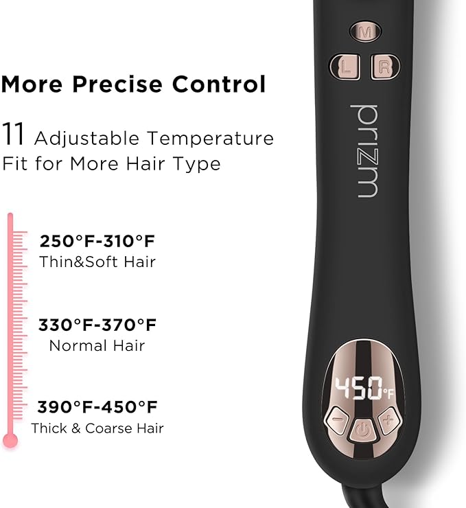 Prizm Rotating Curling Iron, 1inch/25mm Automatic Hair Curler for Long Hair, Self Spinning Barrel, 250-450°F with LCD Display, Auto-Shut Off & Dual Voltage, Black
