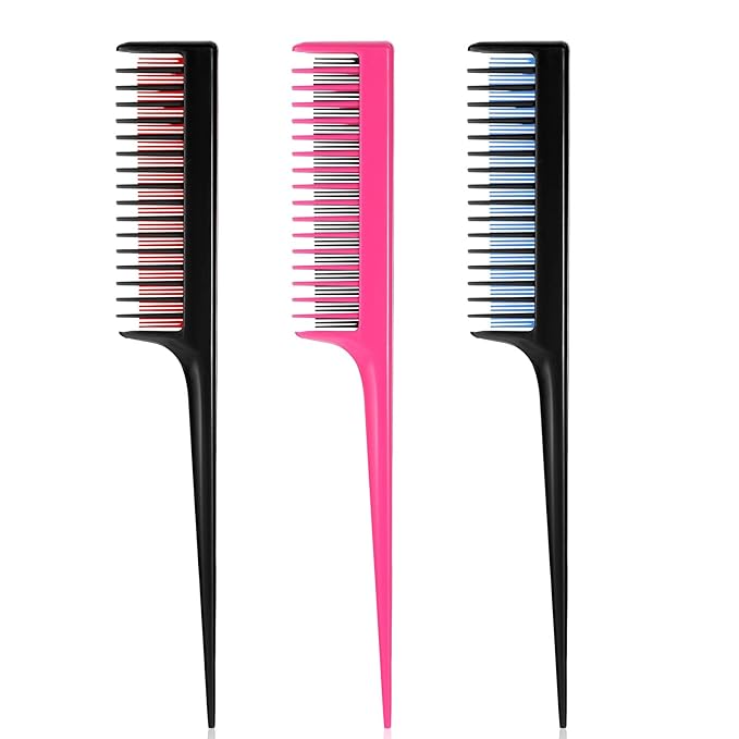 3 Pack Triple Teasing Comb for Women and Men, 8.2 Inches Rat Tail Comb Heat Resistant Plastic Teasing Parting Combs for Braiding Hair Styling Backcombing, Volume, Sectioning