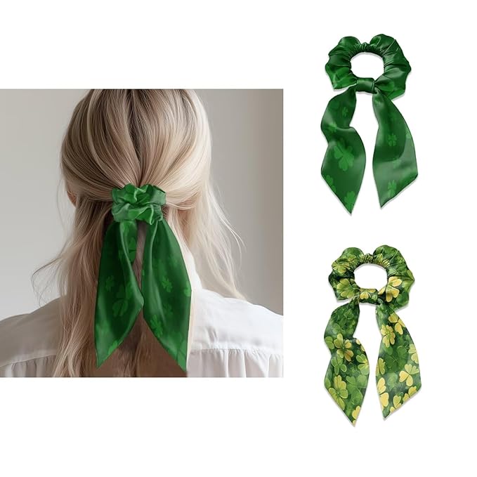2 Pack St Patricks Green Four Leaf Hair Scarf for Women Ponytail Scrunchies Long Ribbon Scrunchies for Little Gilrs No Damage Knotted Bow