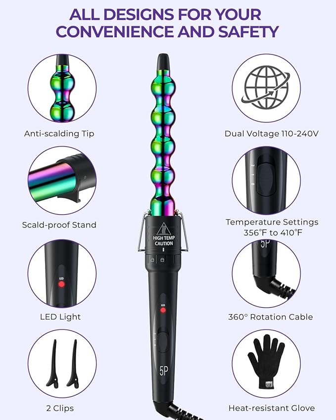 5 in 1 Curling Wand Set: Ohuhu Curling Iron Wand 5Pcs 0.35 to 1.25 Inch Interchangeable Ceramic Barrel Heat Protective Glove 2 Clips Dual Voltage Hair Curler Girls Women Mother Christmas Gift Rainbow