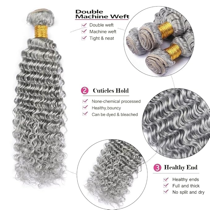 28 30 32 Inch Light Grey Bundles Human Hair Grey Deep Wave Bundles Double Weft Virgin Remy Silver Bundle Hair Weave Pure Grey Color
