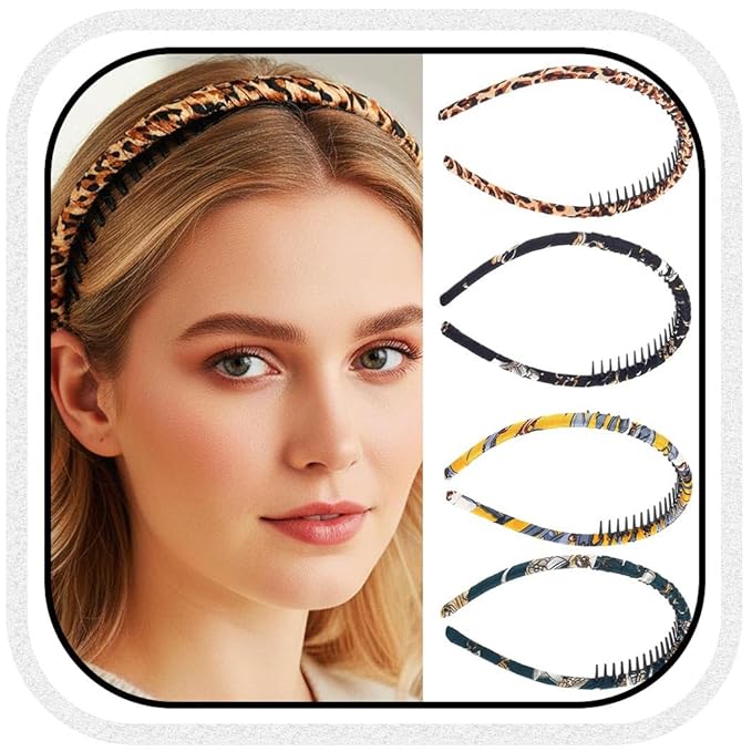 Non-Slip Headbands with Teeth, Polyester Floral and Leopard Hair Bands for Women, 4-Pack