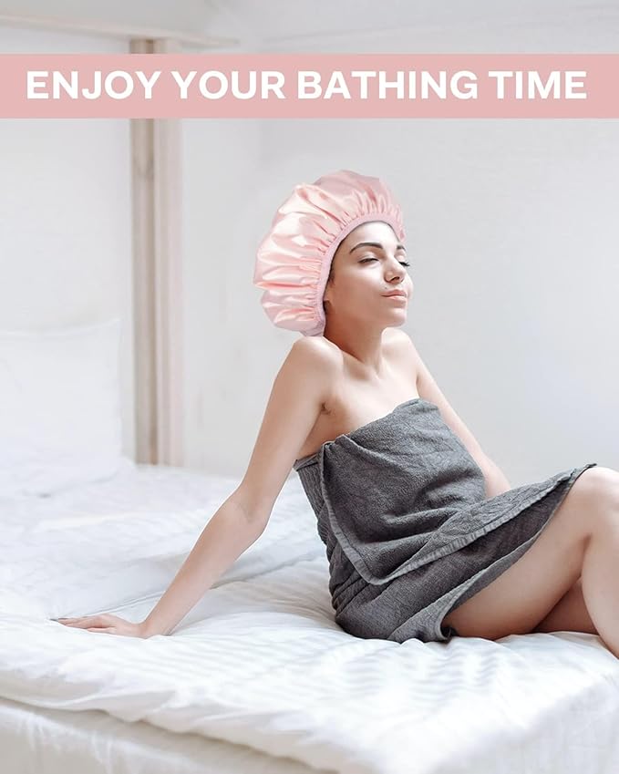 Aquior Shower Cap,Triple Layer Shower Cap for Women, Reusable Waterproof Bath Cap,Silky Satin Outer Layer Terry Lining, Extra Large for Women Long Hair(Pink)