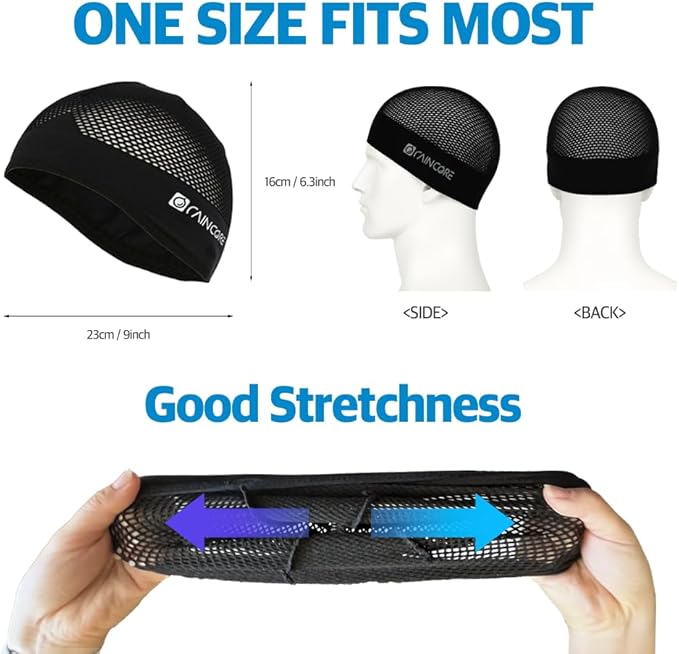 RAINCORE Skull Cap Inner Helmet Liner (with Pouch), Carabiner Clip - Breathable Mesh - Lightweight - Quick Dry - Cycling- Running - Motorcycle - Workout - for Men and Women Cap Black
