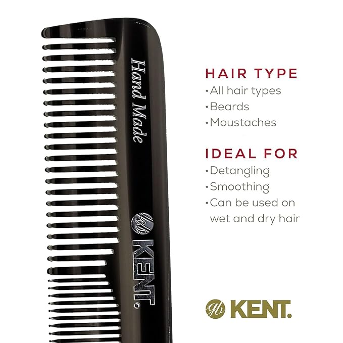 Kent OT Pocket Comb Black and Tortoise - Handmade Fine and Wide Tooth Hair Comb for Men, Women, and Kids - Travel, Beard, and Mustache Comb - Saw Cut and Hand Polished Made in England