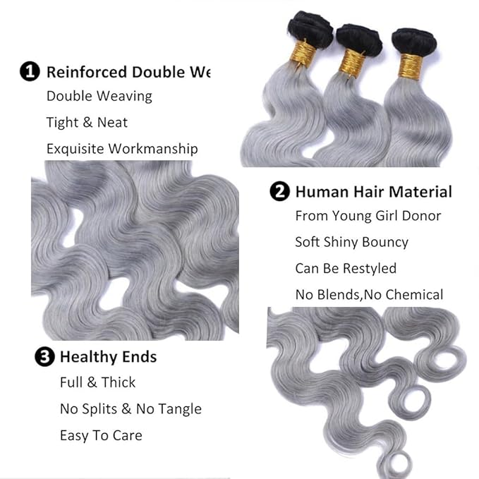 Grey Bundles Human Hair Ombre Body Wave Bundle Brazilian Virgin Soft and Silky Remy Hair 3 Bundles 18 20 22 Inch Double Weft 2 Tone Black and Silver Body Wave Bundle 300g