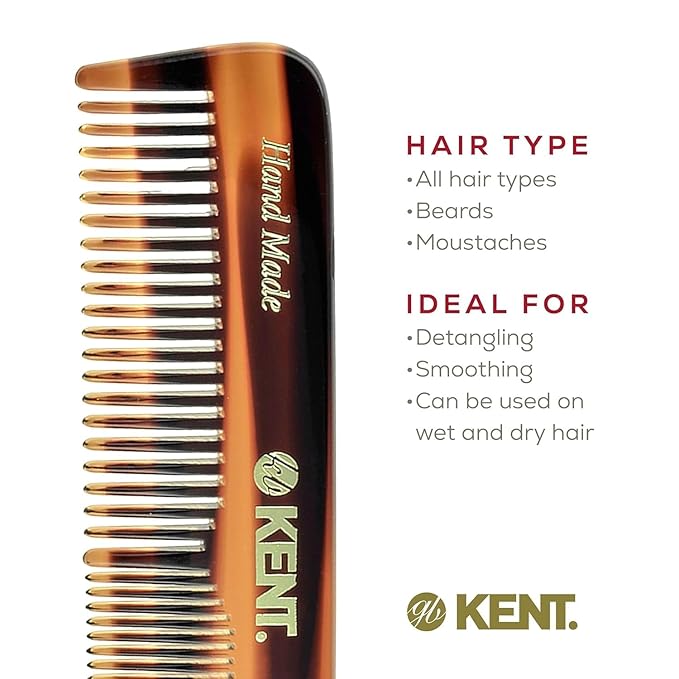Kent OT Pocket Comb Black and Tortoise - Handmade Fine and Wide Tooth Hair Comb for Men, Women, and Kids - Travel, Beard, and Mustache Comb - Saw Cut and Hand Polished Made in England