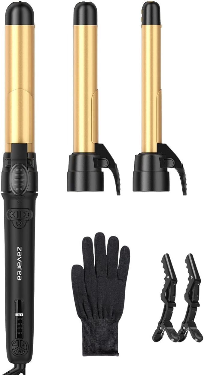 Rotating Curling Iron 3 in 1 Set, Automatic Curling Wand with 3 Interchangeable Ceramic Barrels(0.75" - 1.25"), Instant Heating Hair Culer with 5 Adjustable Temp, Include Heat Resistant Glove & Clips
