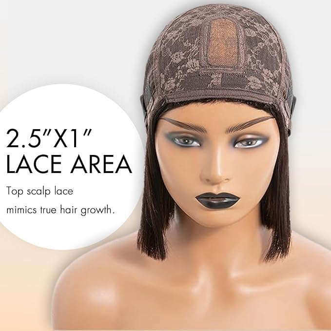 Bob Wig Human Hair with Bangs Glueless 2.5x1 HD Lace Colsure Wigs Human,Yaki Bob Wig with Brown Highlights, Ready to Go Short Wigs For Women Beginner Friendly 14 Inch