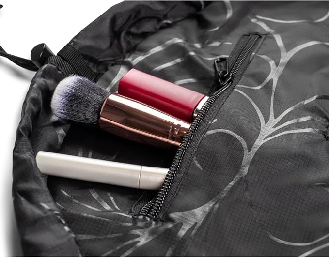 Lay-n-Go Cosmo Layflat Drawstring Cosmetic & Makeup Bag Organizer w/Zipper Pocket, Brush Loops & More, Cinch to Close, Lay Flat to Use, Durable, Machine Wash, Travel Toiletry Bag (16", Black)