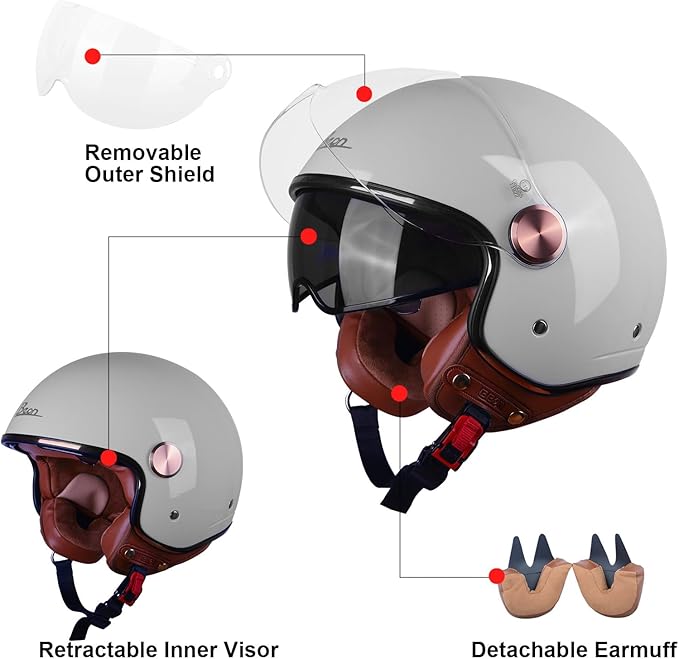 Open Face Motorcycle Helmet for Adults, DOT Approved,3/4 Retro Vespa Helmet, Dual Visors Men's and Women's Motorbike Casco for Moped Cruiser Bobber and Chopper
