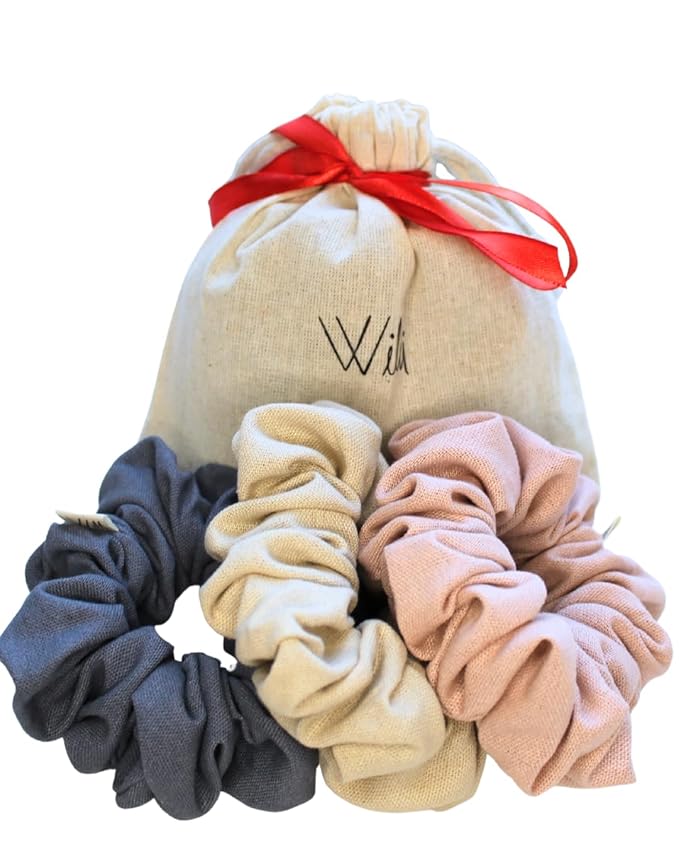 Handmade Linen Scrunchie Bundle for Women – Set of 3 Neutral Hair Ties – 100% Linen Fabric, Gentle on Hair, Woman Gift Set (Aura)