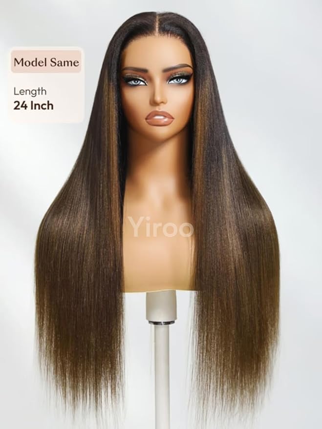 YIROO Chestnut Brown Ombre Yaki Straight 13x4 Pre Everything Frontal Glueless Wig Human Hair Pre Plucked Pre Cut,Bye bye Knots Wear and Go Drawstring Wigs Beginner Friendly 150% Density 22Inch