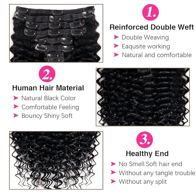 Deep Wave Clip in Hair Extensions Real Human Hair Brazilian Virgin Human Hair Clip in Extensions for Black Women 8Pcs Remy Hair with 18Clips 120g (22inch, Natural Black)