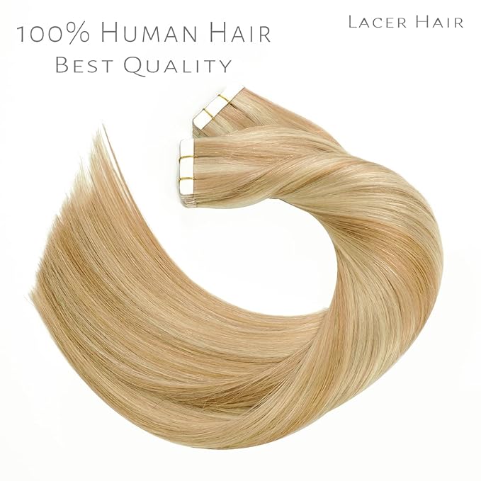 Lacer Invisible Tape in Hair Extensions Human Hair Silky Straight Golden Blonde to Platinum Blonde Hair Extensions Tape in 12 Inch 60G Seamless Tape Hair Extensions