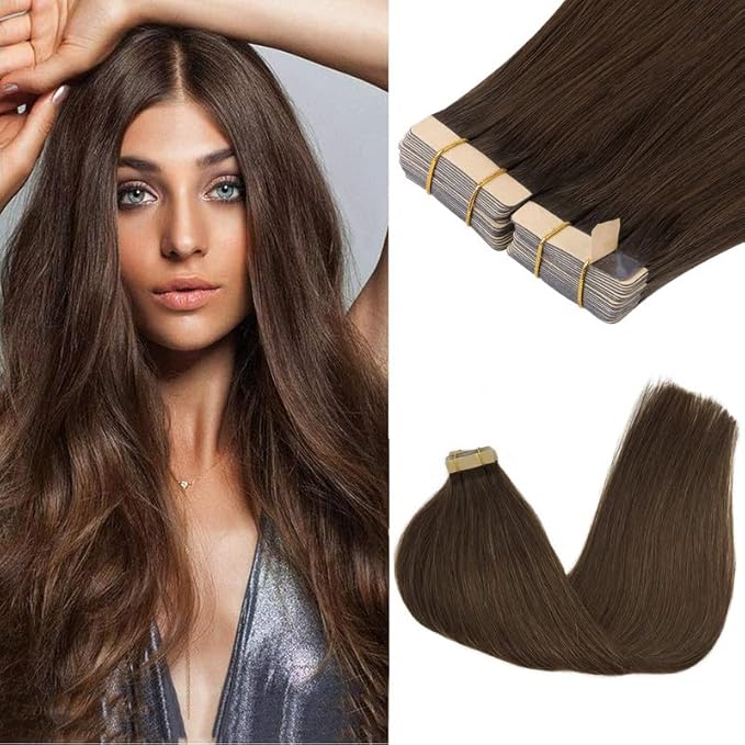 GOO GOO Tape in Hair Extensions Human Hair, 4A Chocolate Brown, 16inch 100g 40pcs, Skin Weft Seamless Invisible, Silky Straight with Thick Ends, Remy Human Hair
