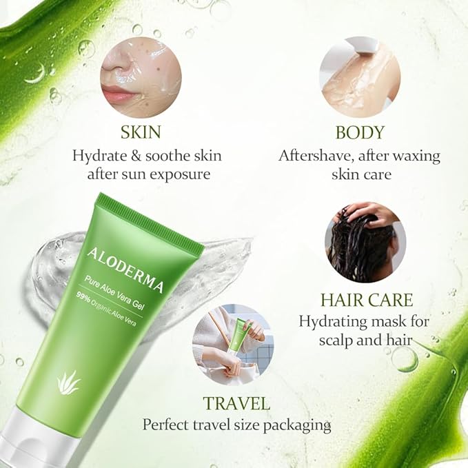 Aloderma 99% Organic Aloe Vera Gel Made within 12 Hours of Harvest, Easy Travel Size Tube for Body, Face, & Scalp, Cooling & Soothing Support for Skin & Sunburn, Hydrating Aloe Gel, 1.5oz - 2ct