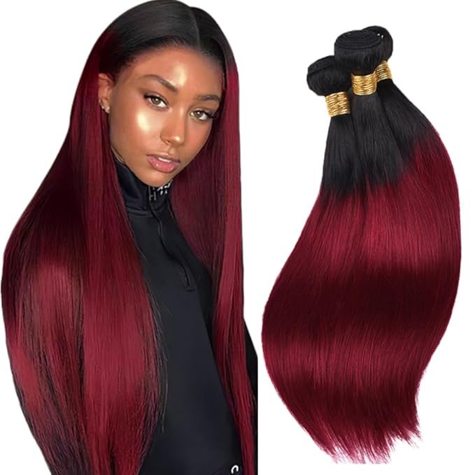 Burgundy Human Hair Bundles Ombre Straight Bundles 18 20 22 Inch Niegmeag Virgin Remy Hair Extensions 2 Tone Black and Red Straight Bundle 1B99J Color 150g