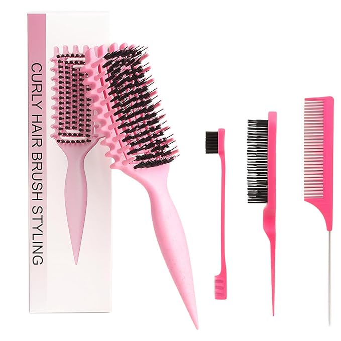 Curly Hair Brush,Curl Defining Brush plus 3 Pieces Hair Styling Comb Set(Slick Back Hair Brush,Rat Tail Comb,Edge Bristle Brush) Lightweight Vented for Combing, Shaping, Styling(Pink)