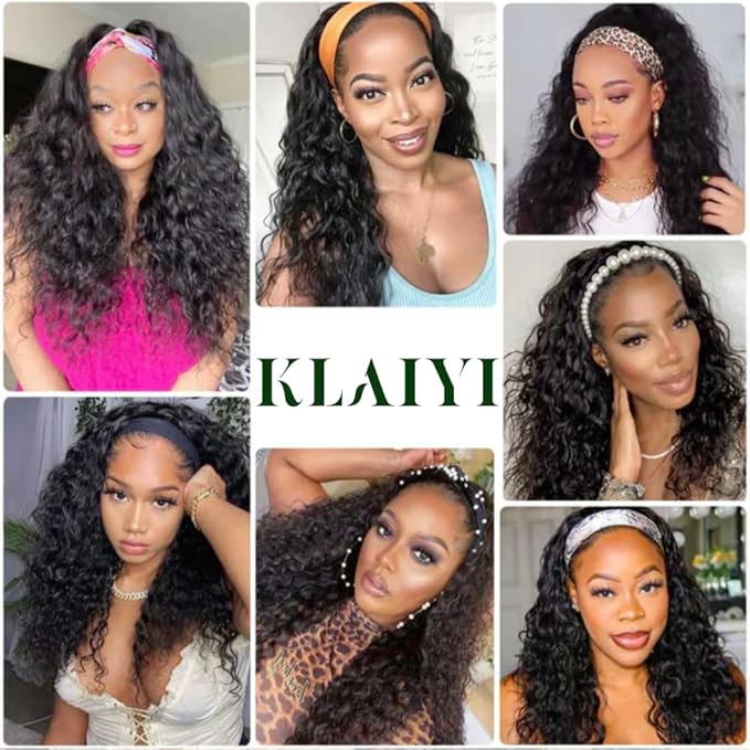 KLAIYI Headband Human Hair Wig Water Wave Curly Non Lace Front Wigs for Black Women Deep Wave Glueless Wear and Go Half Wig with Band 30S Ready to Wear Beginner Friendly 180% Natural Hairline 16Inch