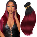 Ombre Bundles Human Hair Burgundy Straight Bundles 16 18 20 Inch Niegmeag 2 Tone Black and Red Bundle Double Weft 1B99J Straight Bundle Hair Weave 150g