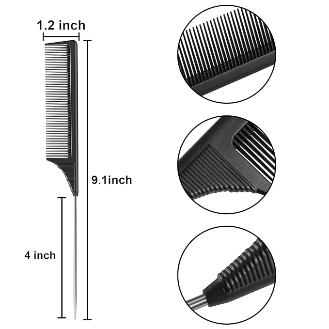 Leinuosen 2 Pack Rat Tail Combs with Parting Tip Steel Pin for Women Teasing Comb for Sectioning, Parting, Splitting, Styling Hair Stainless Steel Metal Pintail Carbon Fiber Heat Resistant