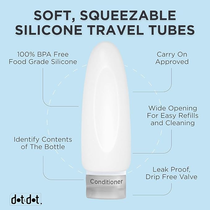 Dot&Dot Leak Proof Travel Bottles - TSA Approved 3oz Silicone Toiletries Travel Shampoo & Conditioner Containers with Labels