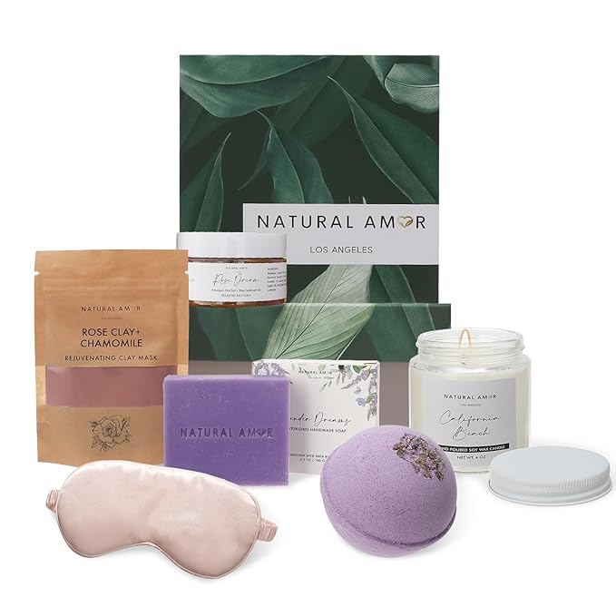 Natural Amor Spa Gift Set for Women – 6 PCS Self Care Relaxation Kit with Handmade Soap, Bath Bomb & Candle, Christmas Holiday Gift Box for Her, Ready-to-Gift Spa Set for Mom Wife Sister