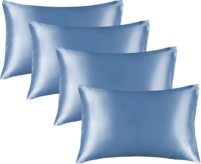 BEDELITE Satin Pillowcase for Hair and Skin, Super Soft Similar to Silk Pillow Cases 4 Pack with Envelope Closure, Cooling Pillowcases for Women Men (20"x30" Queen Size, Airy Blue)