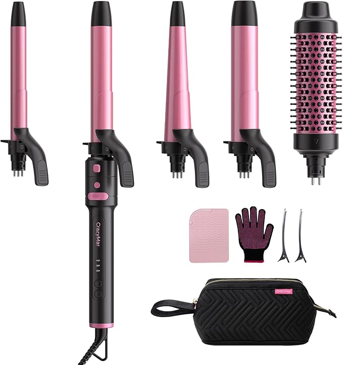 5 in 1 Automatic Rotating Curling Iron Set, CrazyMar Curling Wand Set - 5 Barrels (3/4,1,1/4 Inch) Dual Voltage Curling Wand for Professional Hair Styling, Travel, Ceramic Coating(Hot Pink)