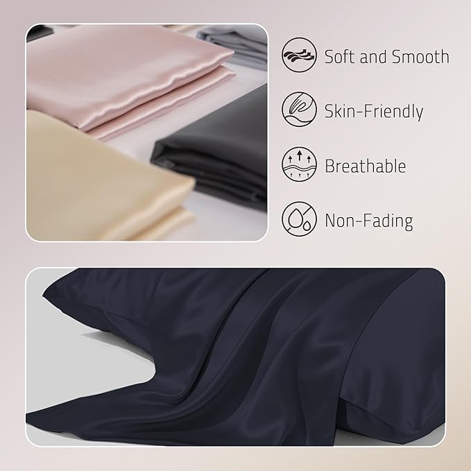Mulberry Silk Pillowcases Set of 2, Both Sides Real Silk Pillowcase for Hair and Skin Prevent Acne Pillowcase Organic Silk Pillow case 2 Pack with Hidden Zipper, Navy Blue, Standard (20"×26")