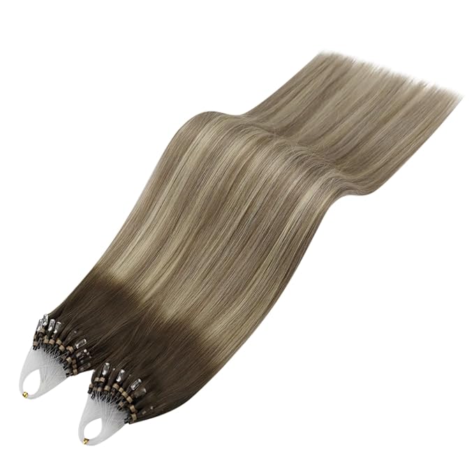 YoungSee Micro Bead Hair Extensions Real Human Hair Balayage Microlink Hair Extensions Dark Brown Ombre Blonde with Brown Bead Hair Extension Human Hair Silky Straight for School 18 Inch 1g/s 50g