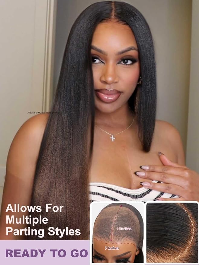 YIROO Bye Bye Knots Chestnut Brown Ombre Light Yaki Straight Wig Human Hair,7x5 Lace Front Glueless Wig with Drawstring,Pre Cut Pre Plucked Pre Bleached Knots Natural Hairline Wig for Women 24Inch