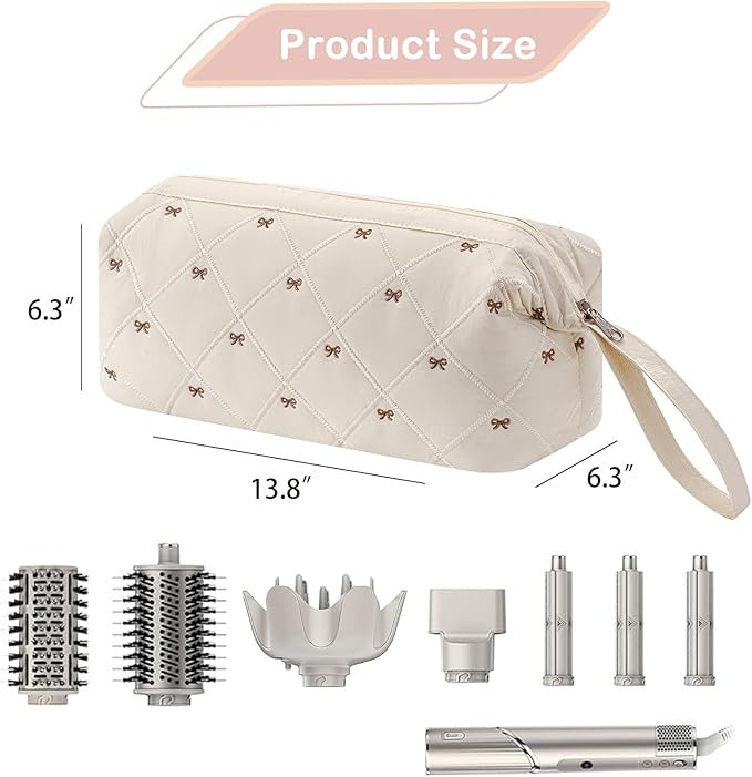 Large Quilted Hair Tools Travel Bag with Bow Pattern,Waterproof Hair Styling Accessories Storage Case for Shark FlexStyle, Dyson Airwrap Hair Dryer, Curling Iron, Revlon Hair Tools(Beige)