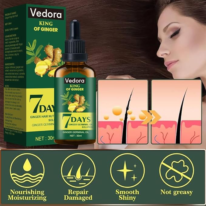 Vedora Ginger Oil for Hair Growth - Biotin Hair Growth Serum, 100% Pure Natural Ginger Essential Oil - Promotes Stronger, Thicker, Longer Hair in Women & Men - 1.05 Fl Oz / 30ML (1PC)