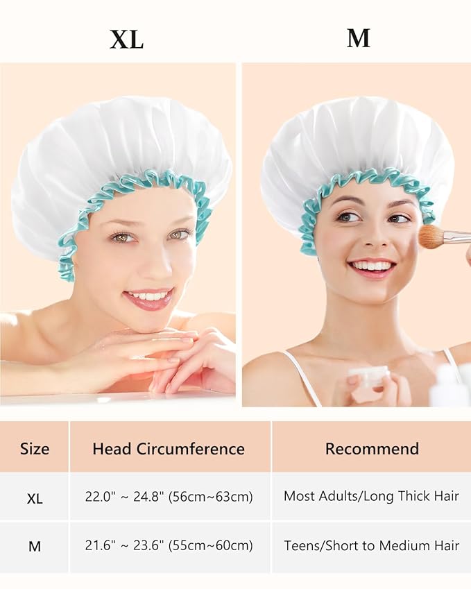 mikimini Shower Cap for Women and Girls,Reusable,Waterproof, Washable, Cute and Soft,White