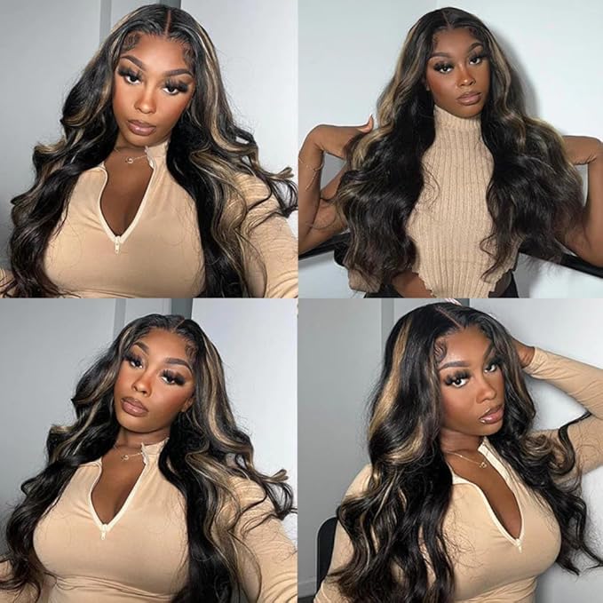 KLAIYI Bye Bye Knots Glueles Highlight Blonde Body Wave Wig Human Hair Precut 7x5 HD Lace Front Wig Pre Plucked Pre Bleached Ombre Wig with Dark Roots Chocolate Brown Wig 16Inch