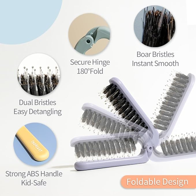 Uffy MiniPop Travel Hair Brush – Mini Folding Boar Bristles for Women, Men & Kids | Kid-Friendly Compact Comb for Wet & Dry Hair, Curly or Straight | Pocket-Size Detangler - Pink Lilac