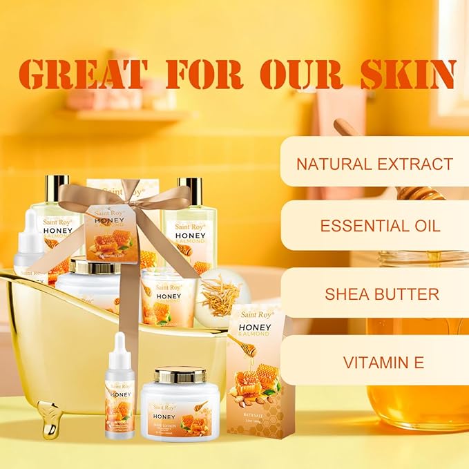 Christmas Gifts for Women Bath & Body Gift Set, Luxury Home Spa Bath Gift Basket, Honey Almond Scented Bath Set, Pamper Gifts Birthday gifts & Teens, Spa Kit Gift, Home Spa Gifts for Men Dad