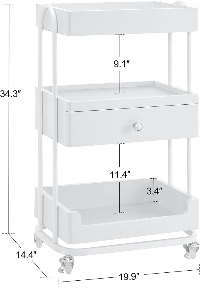BarberPub Salon Trolley Cart with Lockable Wheels, Salon Cart with Drawer, Storage Trolley for Barber Shop, Spa 2086 (White)